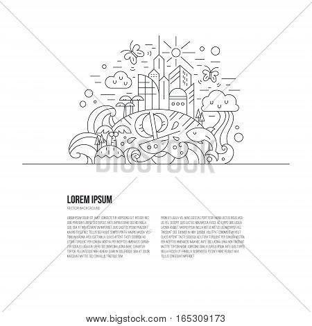 Travel around the world concept made in thin line vector style. Imagination and creatinve thinking illustration with place for your text.