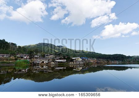 Ban Ruk Thai village chinese style riverside view in front of the mountain Mae Hong Son Thailand