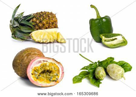 Pineapple, Sweet Pepper, Passion Fruit And Noni Fruit Isolated On White Background