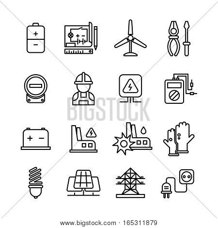 Electricity industry, electrical engineering vector line icons. Energy power electrical industry, building electrical station illustration