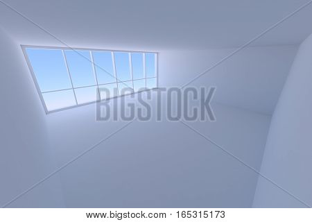 Business architecture office room interior - empty blue business office room with floor ceiling walls and large window with morning blue sky light 3d illustration wide angle from ceiling