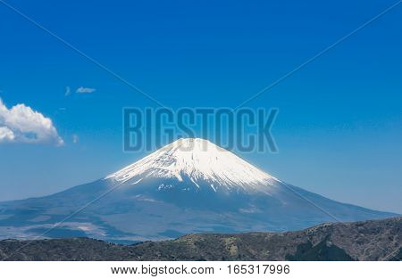 Mount Fuji from Kawaguchiko lake in Japan during the sunrise with beautiful blue sky