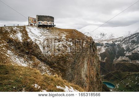 Cross Pass in mountains of Georgia. Caucasus. Soviet Monument to Russian Georgian Arch of Friendship of Peoples. Georgian Landmarks