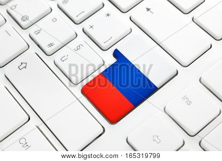 Russian language or Russia web concept. National flag enter button or key on white keyboard
