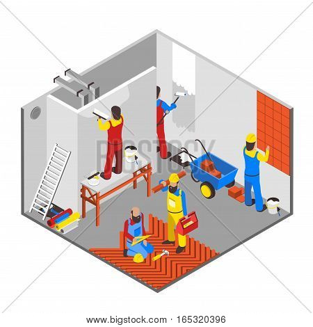 Interior redecoration isometric composition with tools equipment and people vector illustration