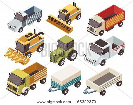 Farm vehicles isometric set with various type of trucks harvesters tractor and trailers isolated vector illustration