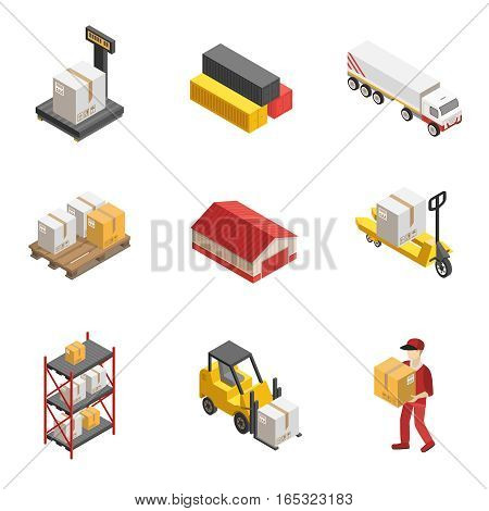 Stock logistics isometric icon set with loaders warehouses and vehicles for delivery of cargoes vector illustration