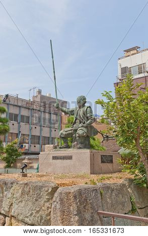 FUKUI JAPAN - AUGUST 02 2016: Statue of Shibata Katsuie on the ruins of Kitanosho castle in Fukui Japan. Katsue lost the Battle of Shizugatake in 1583 burnt the castle killed his wife and himself