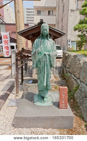 FUKUI JAPAN - AUGUST 02 2016: Statue of Oichinokata the wife of Shibata Katsuie on the site of former Kitanosho castle in Fukui Japan. Katsue burnt the castle in 1583 killed his wife and himself
