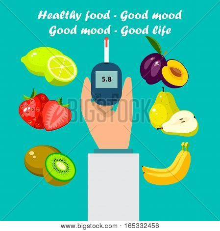 Very high quality original trendy vector flat illustration Blood test or glaucometer, glucose meter with healty food