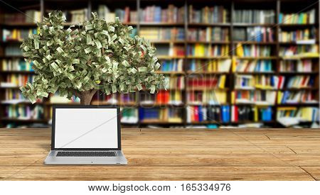 Black Empty Screen Pc With Money Tree Librury Background 3D Render Success Knowlage Concept