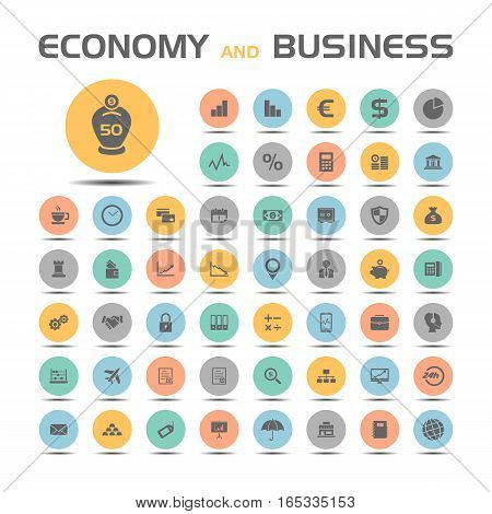 50 Economy and business icons on colored buttons with shade