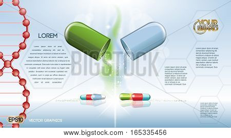 Digital vector green and blue medicine pill mockup and dna mesh, with your brand, ready for print ads or magazine design. Transparent and shine, realistic 3d style