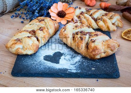 marple and pecan plait pastry sweet food breakfast with heart sign and lavender flowers