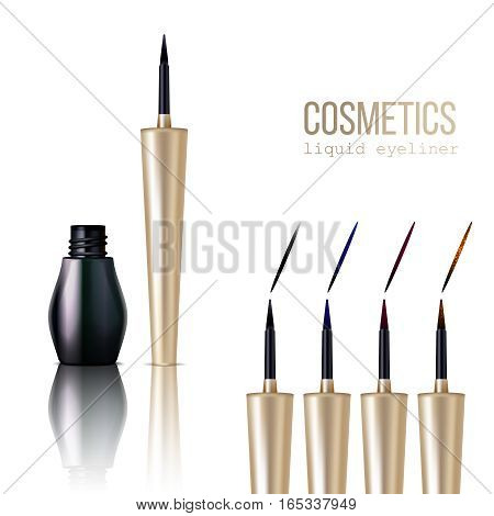 Eyeliner realistic items set with cosmetics symbols isolated vector illustration