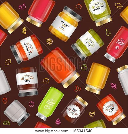 Jar Glass with Jam, Confiture, Honey and Juice Background Pattern on a Brown. Vector illustration