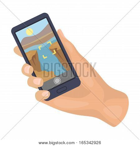 Taking photo on smart phone icon in cartoon design isolated on white background. Hipster style symbol stock vector illustration.