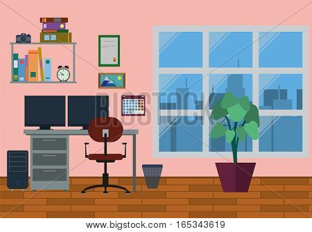 Vector flat illustration. Workplace concept. Modern home office interior