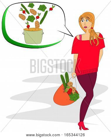 Vector illustrated pretty girl carrying a bag of vegetables.