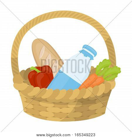 Basket with products icon in cartoon design isolated on white background. Charity and donation symbol stock vector illustration.