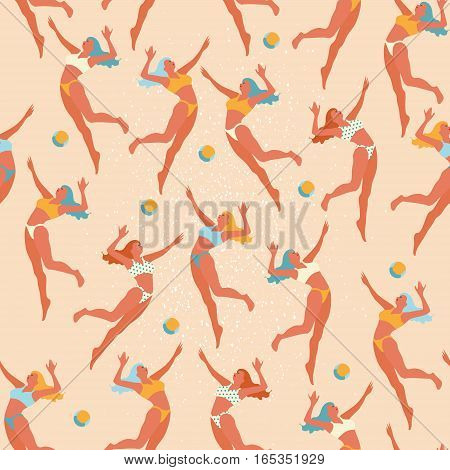 Funny young woman with ball. Beach Volleyball is popular sport game. Championship. Seamless pattern background. Vector Illustration
