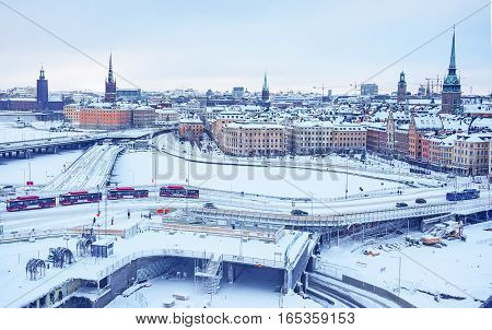 Winter aerial view from the observation platform of the Old Town in Stockholm Sweden