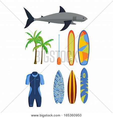 Set of vintage surfing graphics emblems vector flat design. Beach style design seal elements and summer sea symbols. Boarding on waves. Vector hipster insignia.