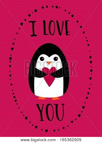 I love you card for Happy Valentines Day. Cute penguin holding heart on crimson background. Hand drawn words