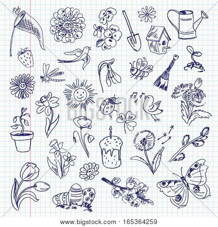 Freehand drawing spring items on a sheet of exercise book. Vector illustration. Set