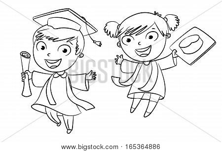 Graduate. Funny cartoon character. Vector illustration. Coloring book