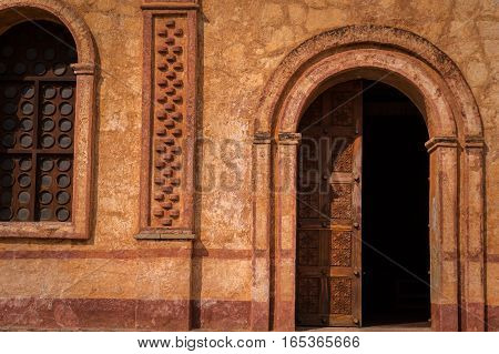 Entrance of the Jesuit mission church at the UNESCO world heritage site in San Jose de Chiquitos, Bolivia