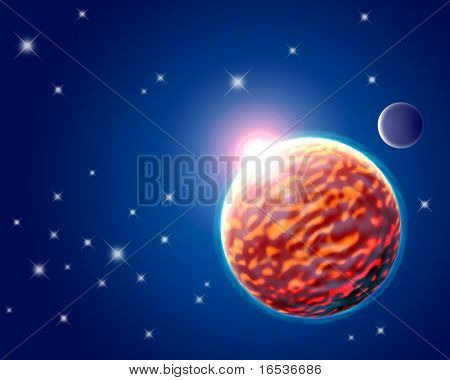 Scena di spazio con un pianeta ardente, la luna un bagliore di luce solare.