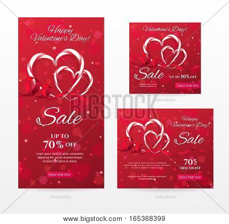 Set of elegant sale banners of different sizes for Happy Valentine's day with heart shaped candy canes, red ribbon. Romantic template for discount offer. Vector background with hearts, effect bokeh.