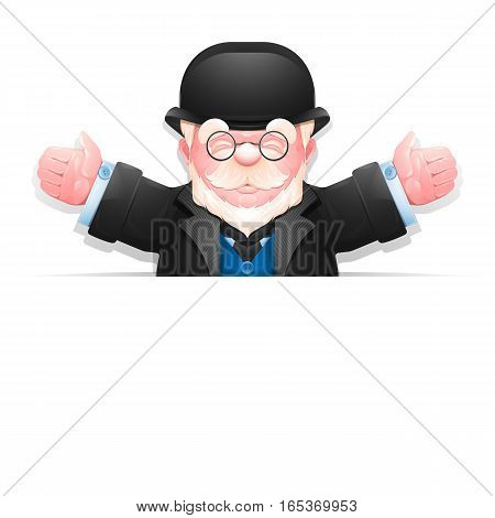 Senior man peeping from behind blank banner isolated over white. Friendly elderly gentleman with arms wide open. Vector illustration 10 EPS