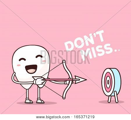 Vector Illustration Of Smile White Tooth Shooting Arrows On Pink Background. Creative Archery Cartoo