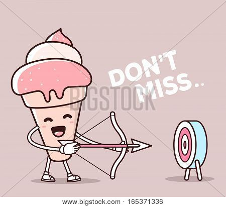 Vector Illustration Of Color Smile Ice Cream Shooting Arrows On Light Background. Creative Archery C