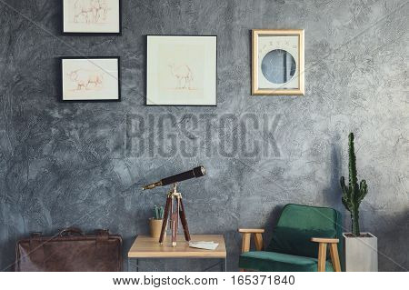 Home decoriation with telescope and vintage armchair