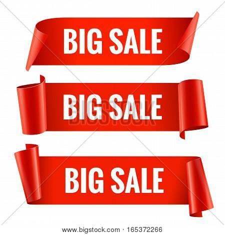 Sale banner set. Realistic Red Glossy paper ribbon. Vector illustration