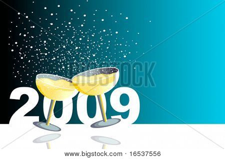 Blue illustration with two glasses of champagne in a new year celebration.