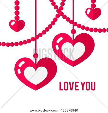 Happy valentines day card with red flat pair of hearts isolated on white background. Art vector illustration.