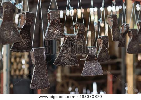 Kolomna, Russia - January 03, 2017: Antique axes - exhibits of Blacksmith Settlement museum collection by Andrey Kopylov, aka linkpusher