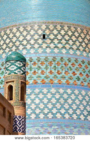 KHIVA, UZBEKISTAN: Detail of the Kalta Minor Minaret in Khiva Old town