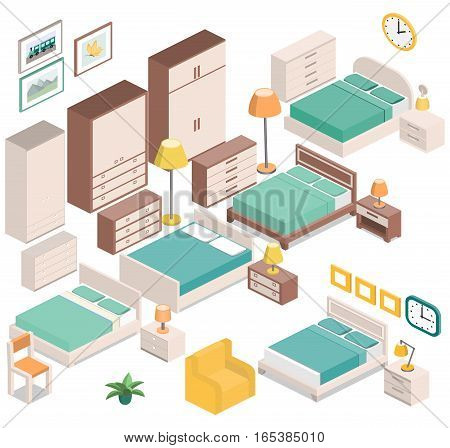 Furniture for bedroom in isometric style - bedside tables, lamps, wardrobes, armchair, chair, clock, and picture. Set house equipment. Hotel room design. Vector 3D illustration.