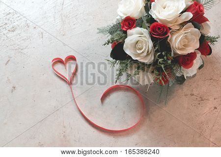 Valentine's Day Background,red Heart With Red White Rose ,ribbon