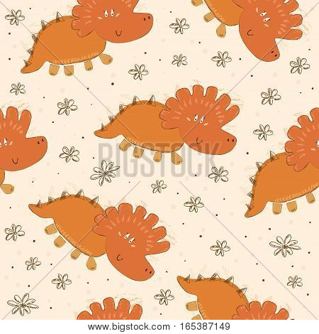 Cute seamless pattern with funny dinosaurs. vector illustration