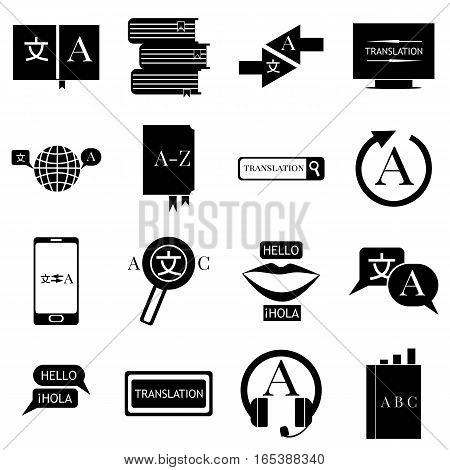 Translator profession icons set. Simple illustration of 16 translator profession vector icons for web