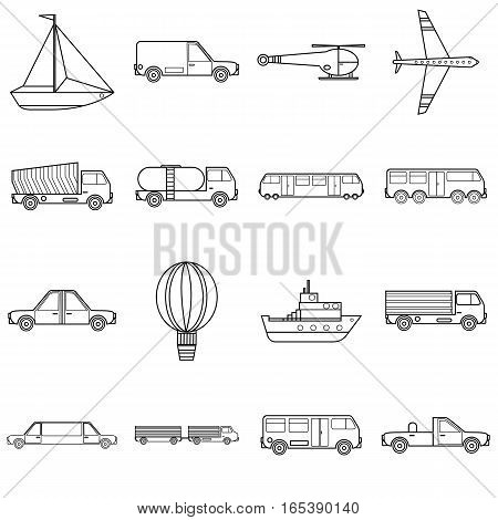 Transportation items icons set. Outline illustration of 16 transportation items vector icons for web