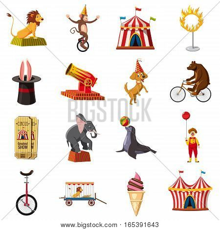 Circus symbols icons set. Cartoon illustration of 16 circus symbols vector icons for web
