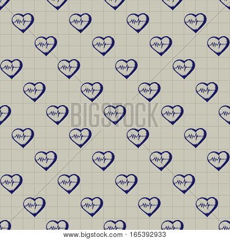 Healthcare and medicine. Vector doodle seamless pattern with hearts. Medical hand drawn icons on checkered background.