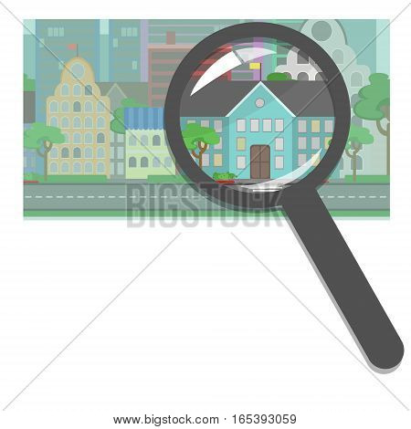 Buying and selling real estate real estate agency. Public property public buildings schools hospitals offices search for the right property. Concept vector flat